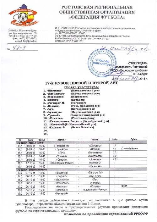 XVII Кубок первой и второй лиг. Результаты на 30.09