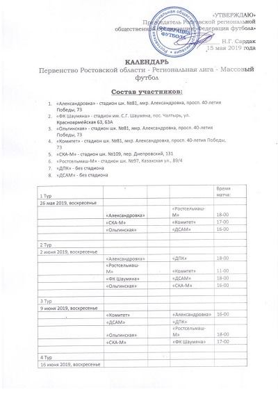 Календарь «Первенства Ростовской области - Региональная лига - Массовый футбол» 2019