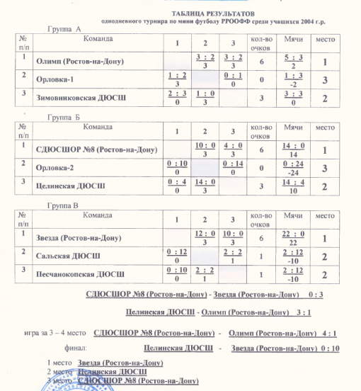 Результаты однодневного турнира среди юношеского турнира п. Целина, спорткомплекс "Целина" 